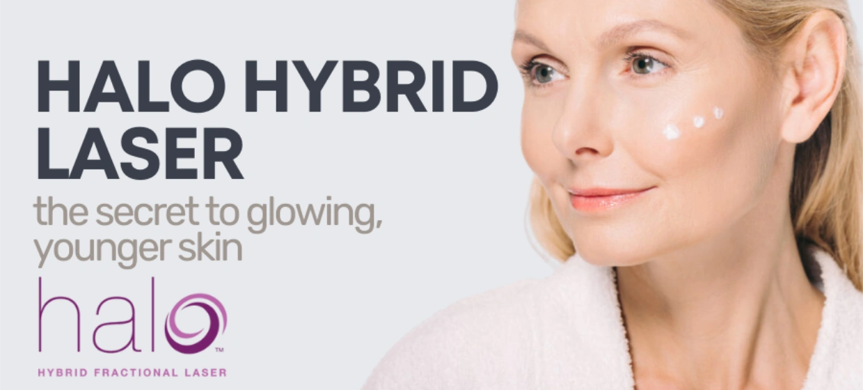 A woman with fair skin and blonde hair applies cream to her cheek while smiling. Text reads: HALO HYBRID LASER the secret to glowing, younger skin. halo HYBRID FRACTIONAL LASER.